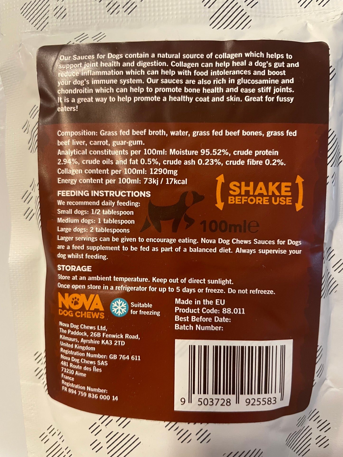 nova collagen beef sauce for dogs, pets at home, collagen for dogs, collagen for dog, collagen for dogs uk, collagen for dogs arthritis, collagen for dog joints, back side