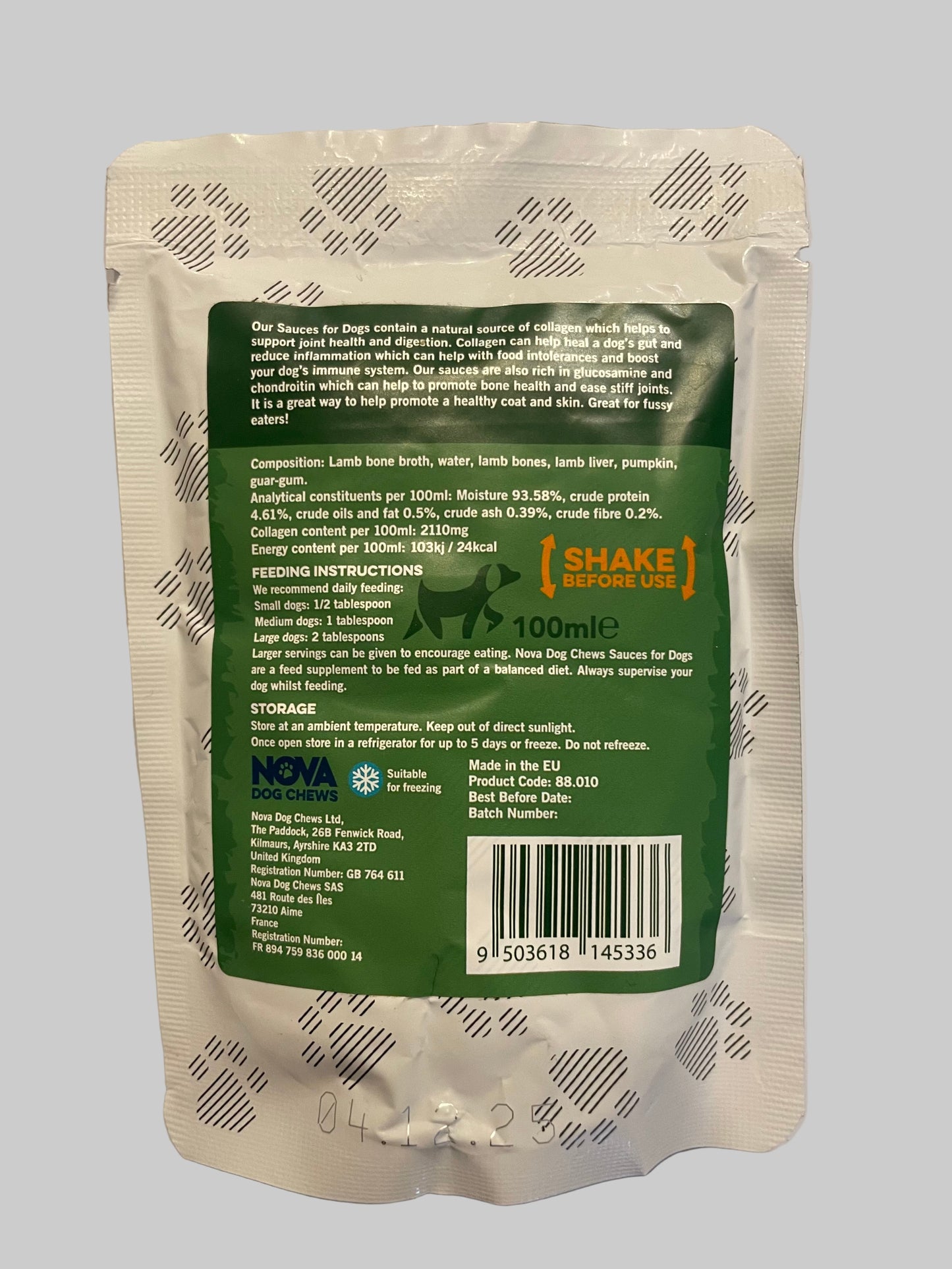 nova collagen lamb sauce for dogs, pets at home, collagen for dogs, collagen for dog, collagen for dogs uk, collagen for dogs arthritis, collagen for dog joints, back side
