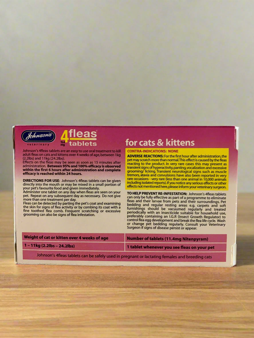 4fleas cat flea tablets 6pk, cat flea treatment, flea treatment for cats, back side