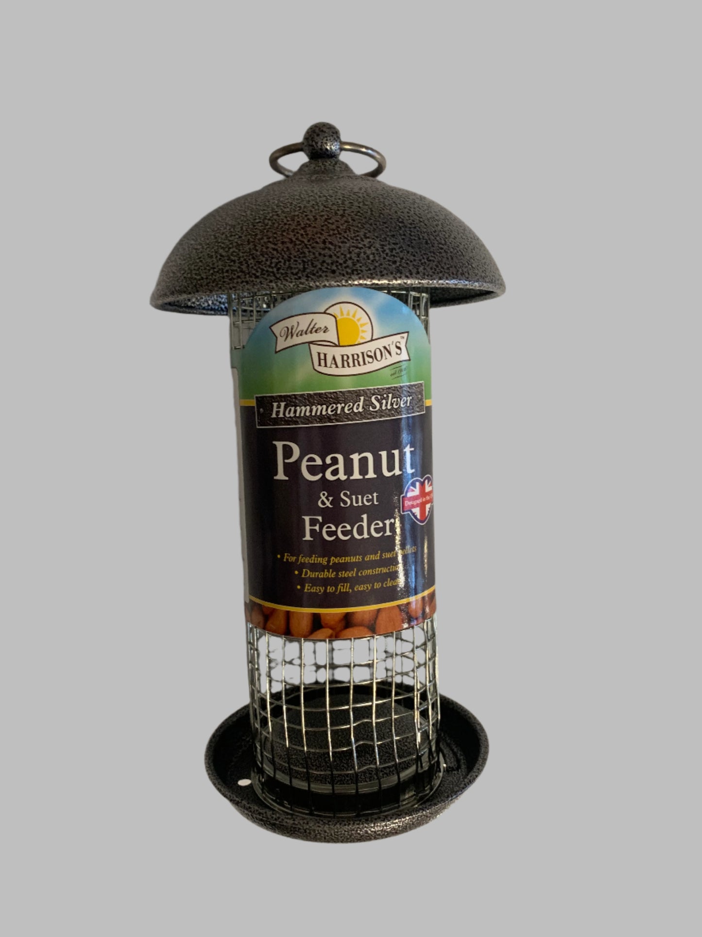 Walter Harrison’s Hammertone Silver Mini Peanut Feeder 20cm, bird feeder, bird feeders, bird feeders uk, bird feeder camera, bird feeders squirrel proof, squirrel proof bird feeders, front side