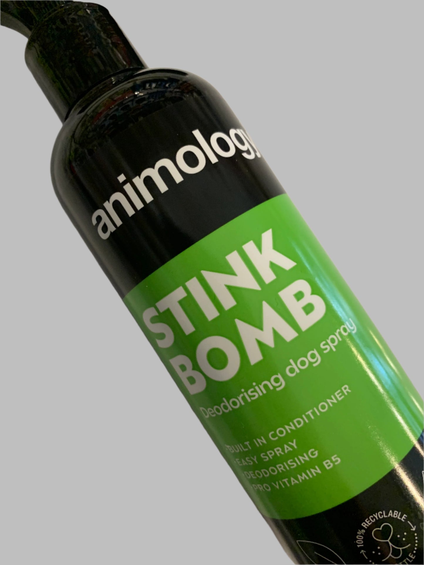 Animology Stink Bomb Deodorising Spray, puppy shampoo, stink bomb spray shampoo, dog shampoo for sensitive skin, dog shampoo for itchy skin, left side