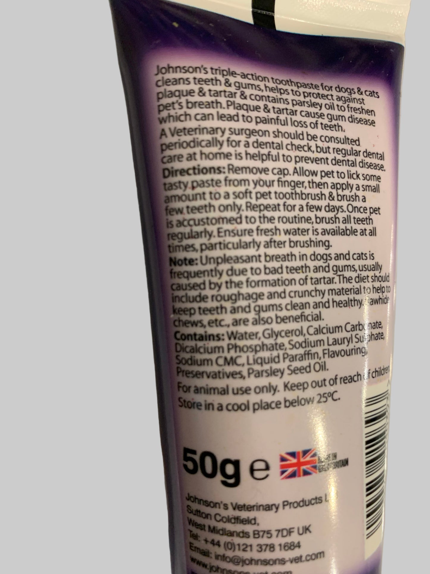 Johnson's Toothpaste 50g, dog toothpaste, dog toothpaste uk, dog toothpaste and brush, best dog toothpaste uk, pets at home, back side