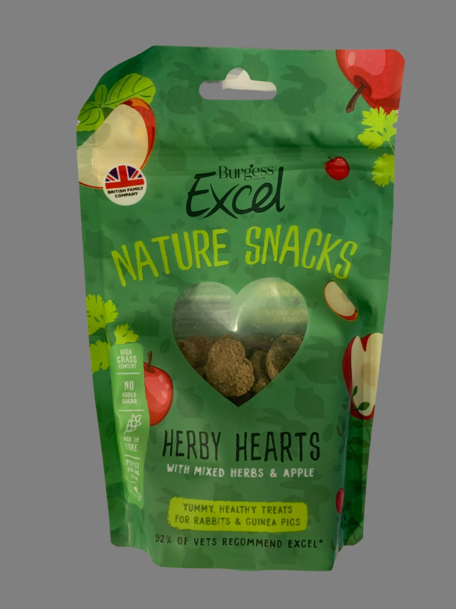 Burgess Excel herby hearts, rabbit treats, treats for rabbits, front side