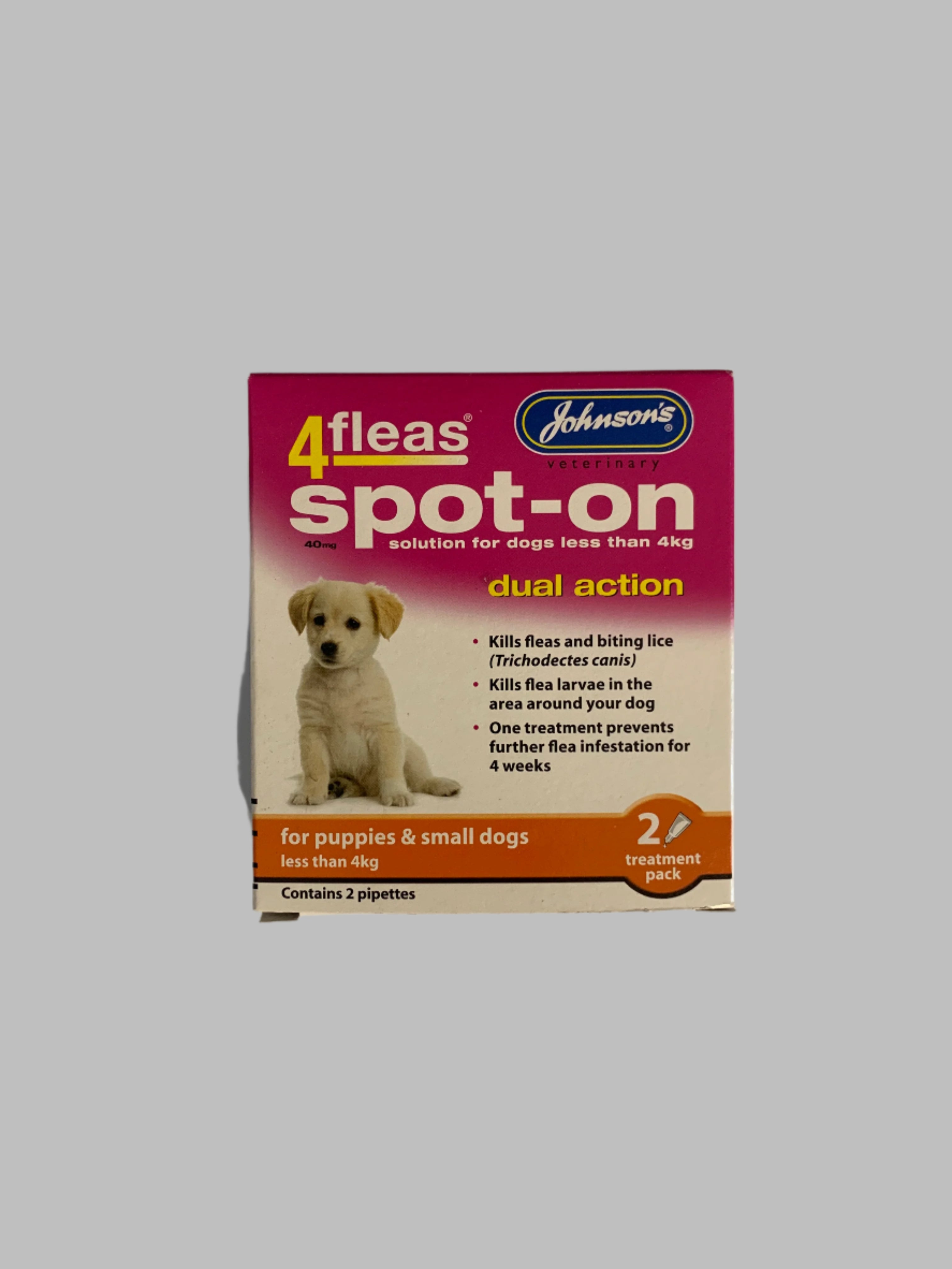 4fleas spot on dog puppy, dog flea treatment, dog flea tablets, dog fleas, dog flea collar, front side