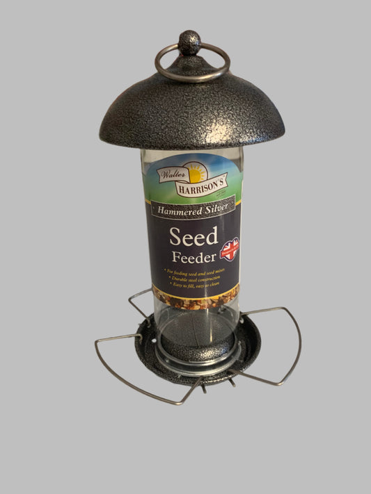 Walter Harrison’s Hammertone Silver Mini Seed Feeder 20cm, bird feeder, bird feeders, bird feeders uk, bird feeder camera, bird feeders squirrel proof, squirrel proof bird feeders, front side
