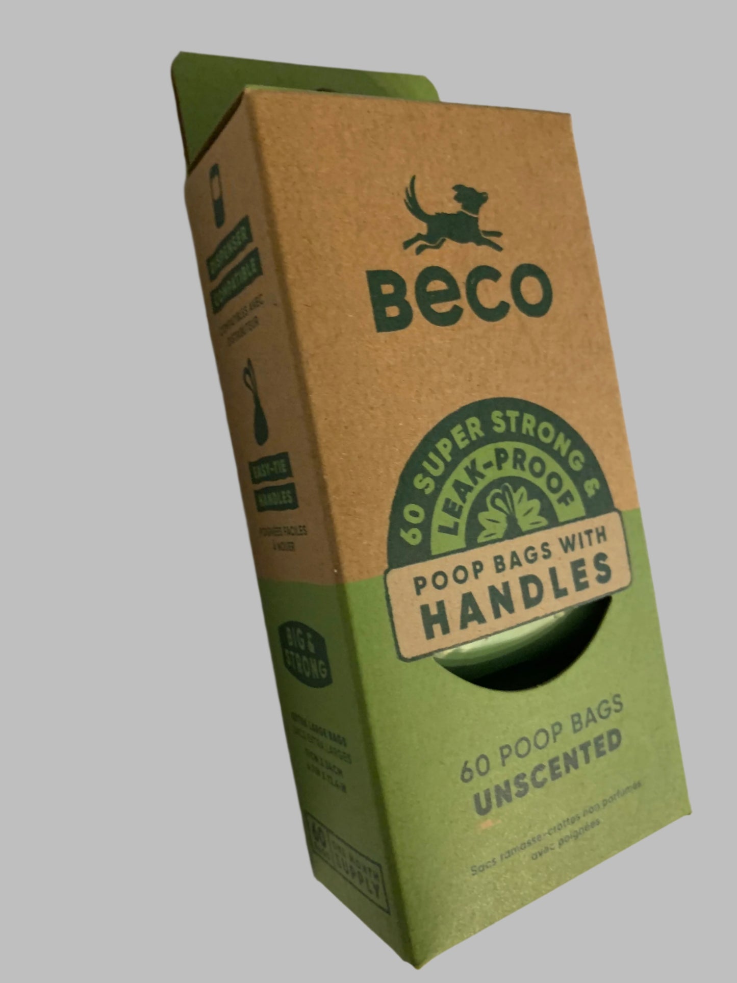 Beco Poo Bags Plain 60 Pack with handles, poo bags, poo bags dogs, poo bags with handles, poo bags biodegradable, left side