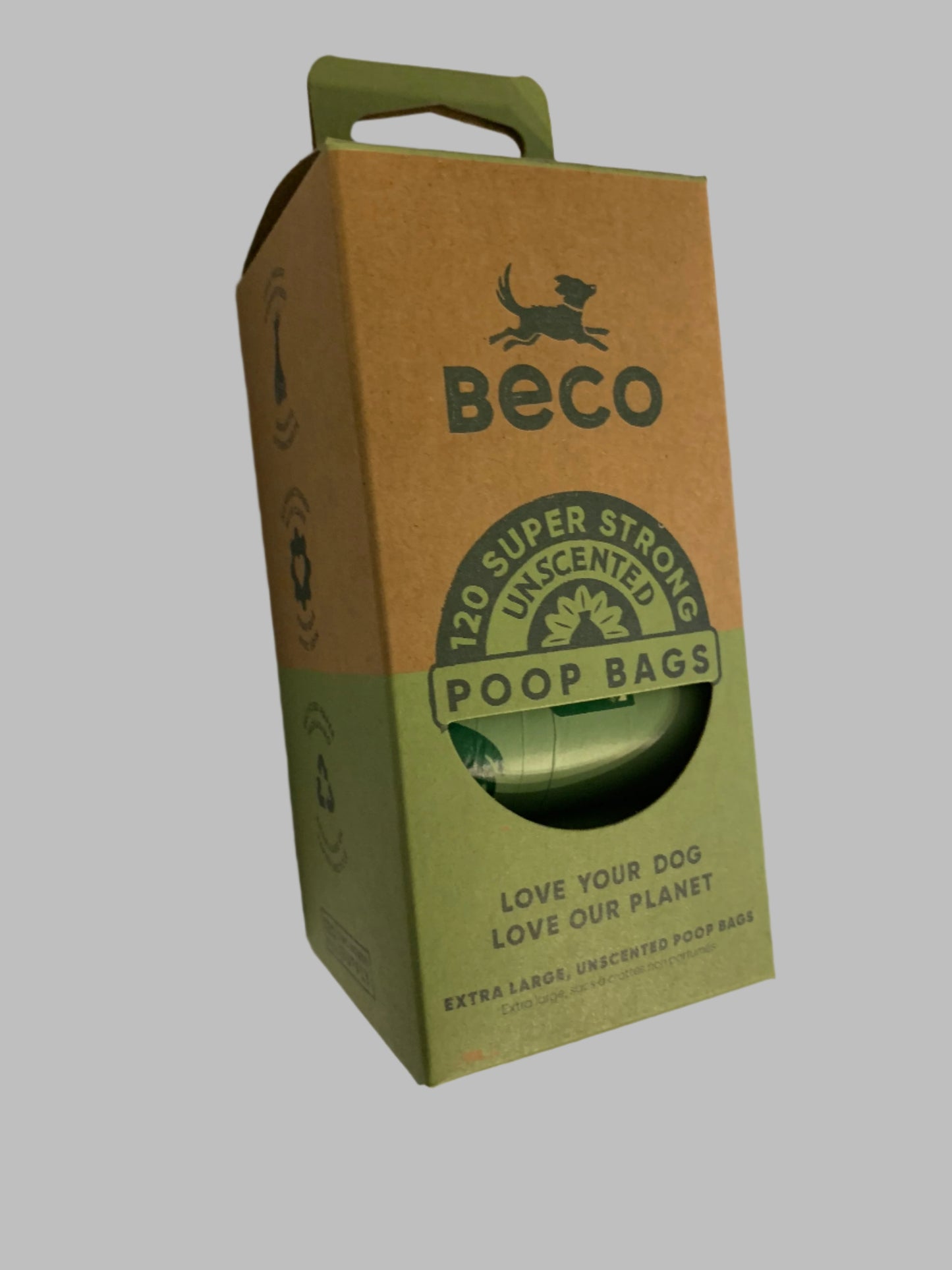 Beco Poo Bags Plain 120 Pack with handles, poo bags, poo bags dogs, poo bags with handles, poo bags biodegradable, left side