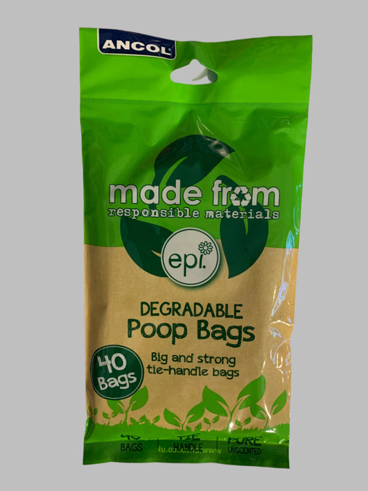 Ancol Biodegradable Poop Bags 40pk, poo bags, poo bags dogs, poo bags with handles, poo bags biodegradable, front side