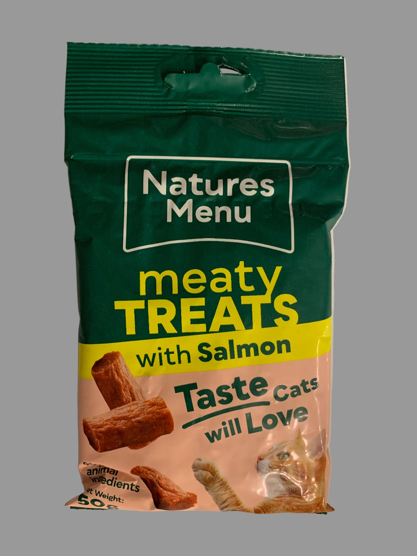 natures menu salmon cat treat, cat treat, dreamies cat treats, front side, pets at home