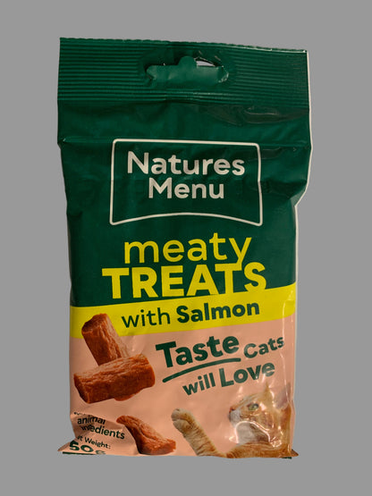 natures menu salmon cat treat, cat treat, dreamies cat treats, front side, pets at home