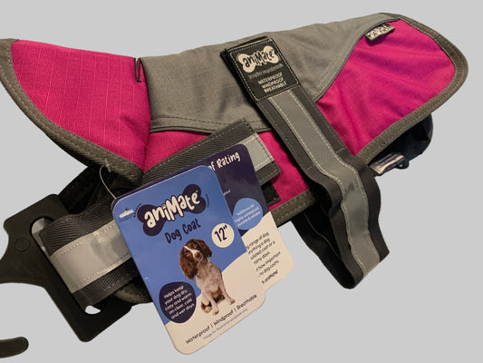 Animate Waterproof Grey/Raspberry Dog Coat 12", dog coats, dog coats uk, waterproof dog coats, dog coats with harness, dog coats with legs, left side, pets at home
