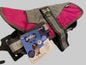 Animate Waterproof Grey/Raspberry Dog Coat 12", dog coats, dog coats uk, waterproof dog coats, dog coats with harness, dog coats with legs, left side, pets at home