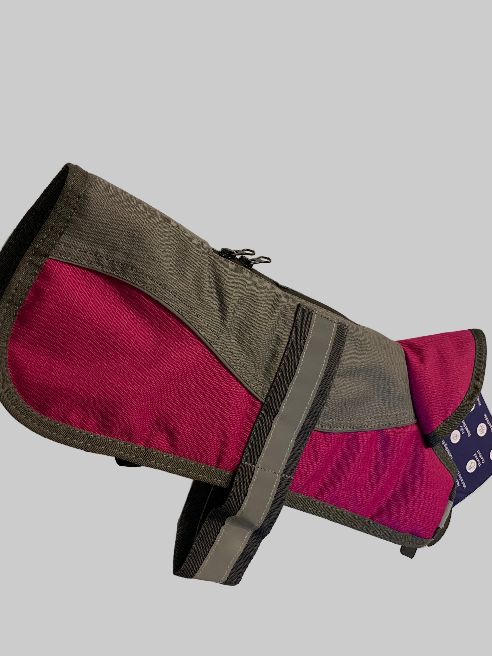 Animate Waterproof Grey/Raspberry Dog Coat 12", dog coats, dog coats uk, waterproof dog coats, dog coats with harness, dog coats with legs, right side, pets at home