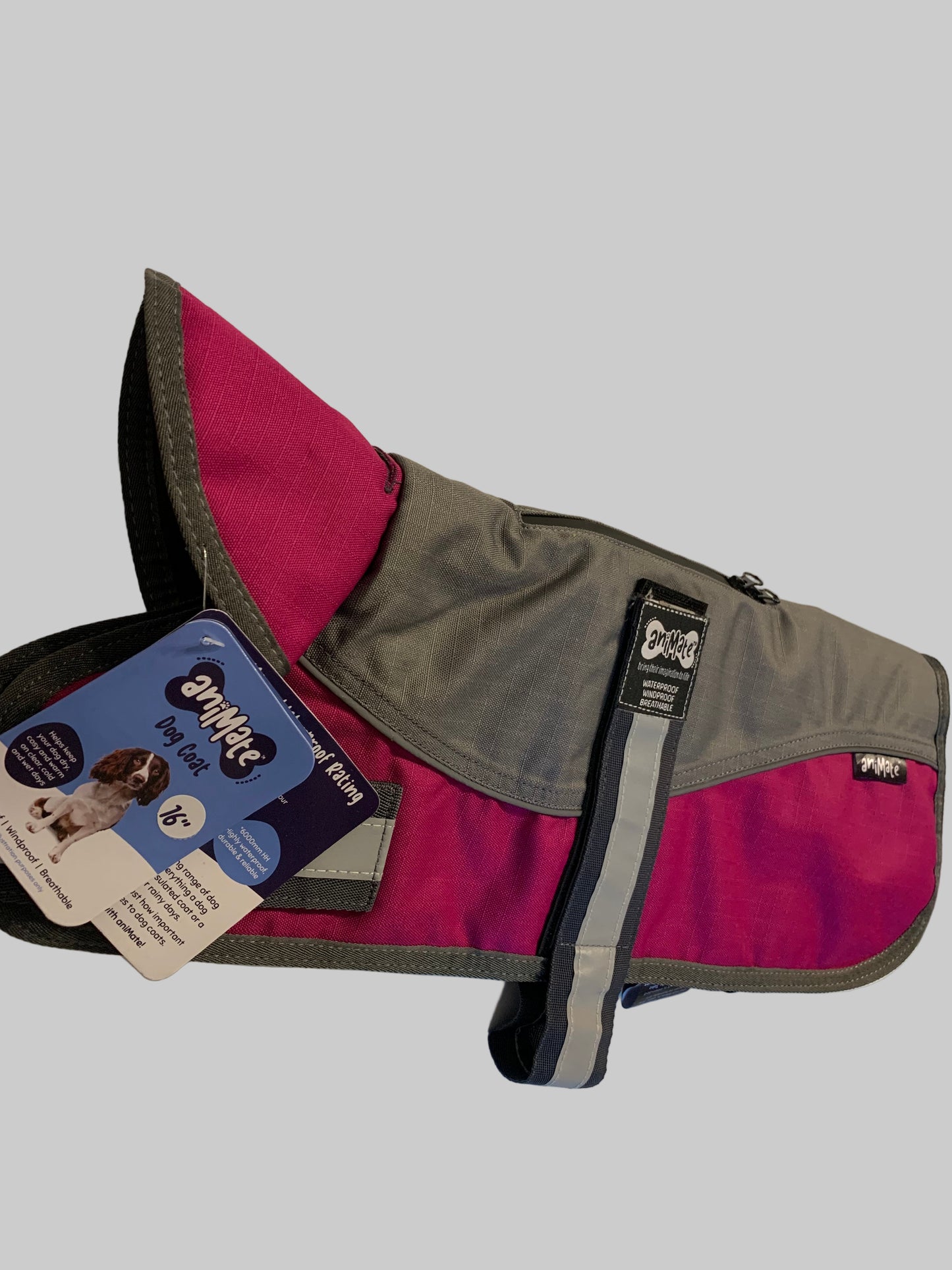 Animate Waterproof Grey/Raspberry Dog Coat 16", dog coats, dog coats uk, waterproof dog coats, dog coats with harness, dog coats with legs, right side, pets at home