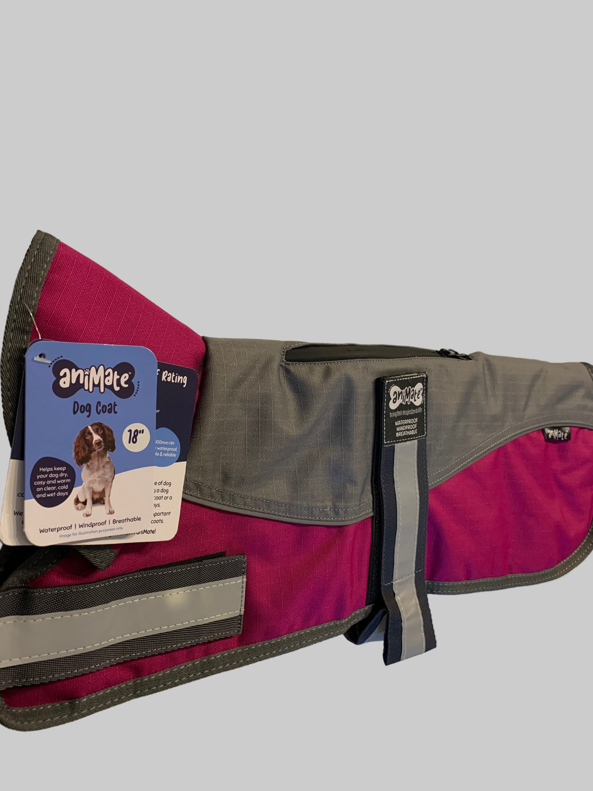 Animate Waterproof Grey/Raspberry Dog Coat 18", dog coats, dog coats uk, waterproof dog coats, dog coats with harness, dog coats with legs, right side, pets at home
