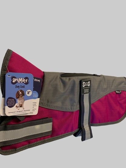 Animate Waterproof Grey/Raspberry Dog Coat 18", dog coats, dog coats uk, waterproof dog coats, dog coats with harness, dog coats with legs, right side, pets at home
