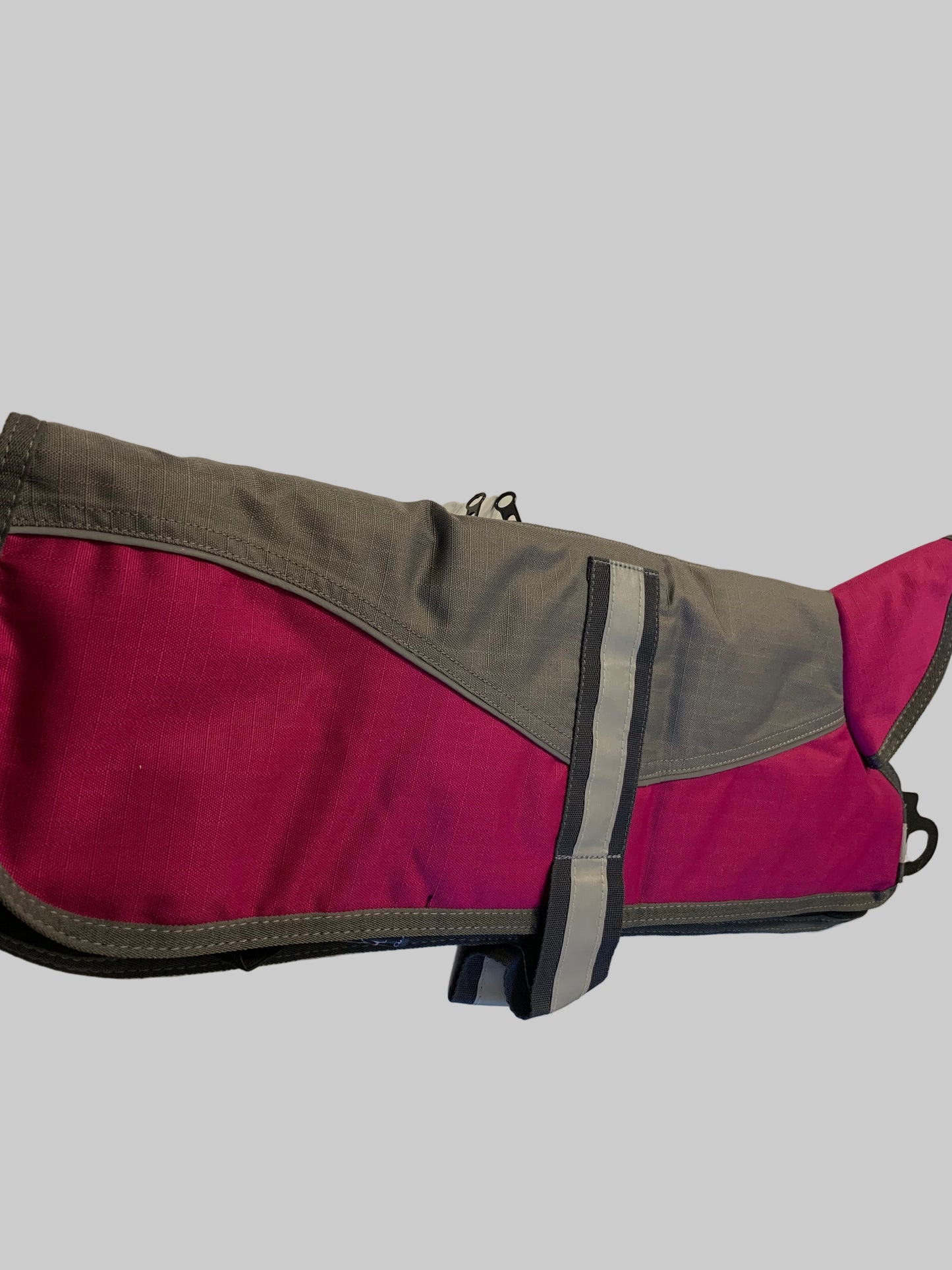 Animate Waterproof Grey/Raspberry Dog Coat 18", dog coats, dog coats uk, waterproof dog coats, dog coats with harness, dog coats with legs, left side, pets at home