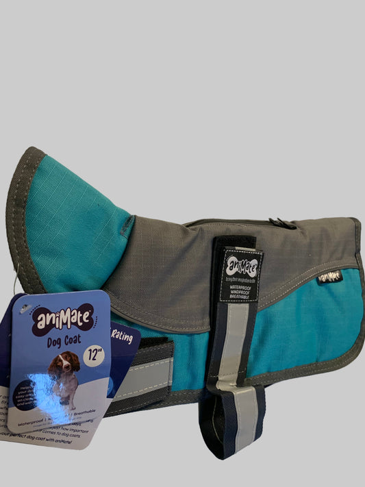 Animate Waterproof Grey/Teal Dog Coat 12", dog coats, dog coats uk, waterproof dog coats, dog coats with harness, dog coats with legs, left side, pets at home