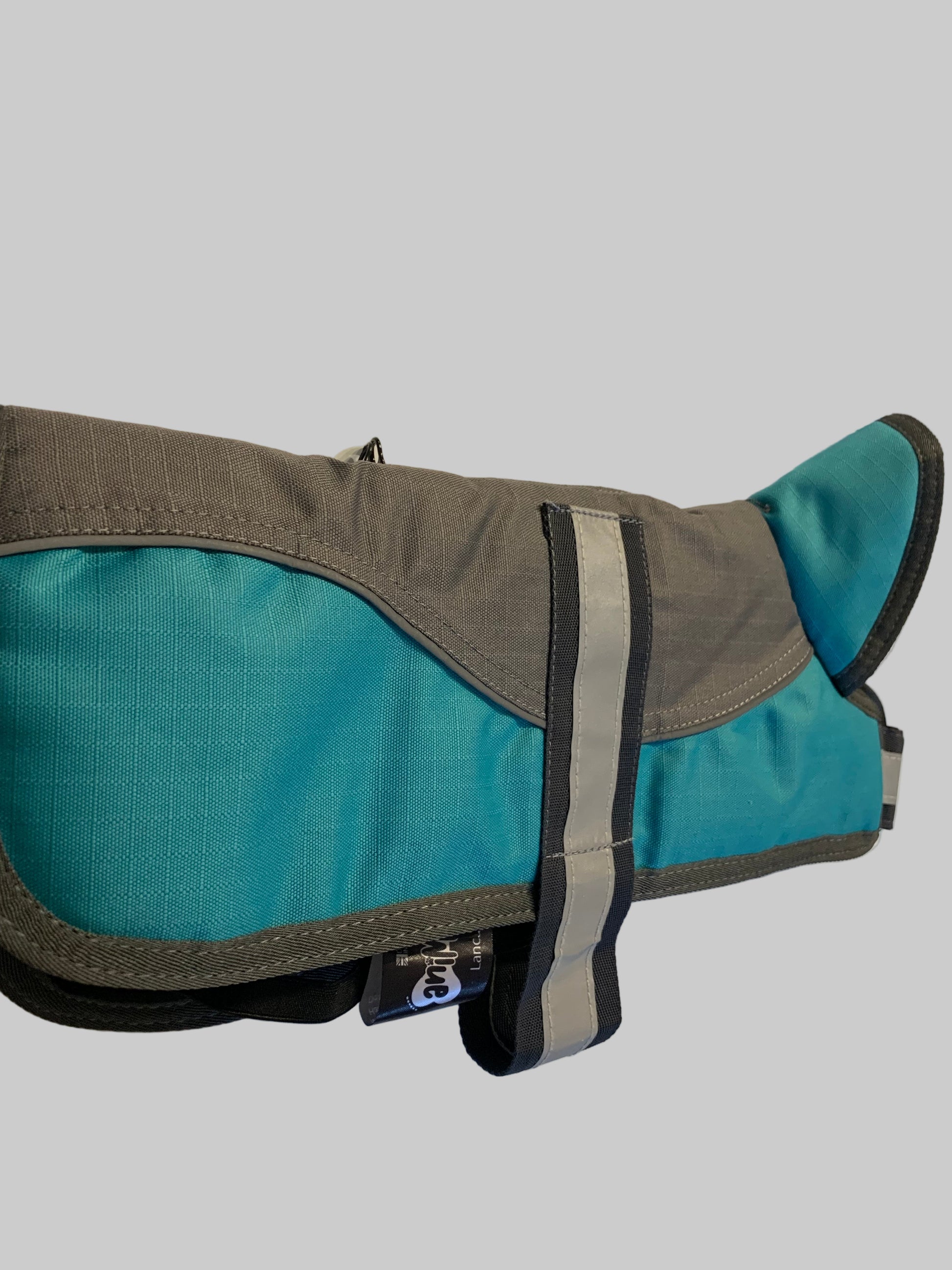 Animate Waterproof Grey/Teal Dog Coat 12", dog coats, dog coats uk, waterproof dog coats, dog coats with harness, dog coats with legs, right side, pets at home