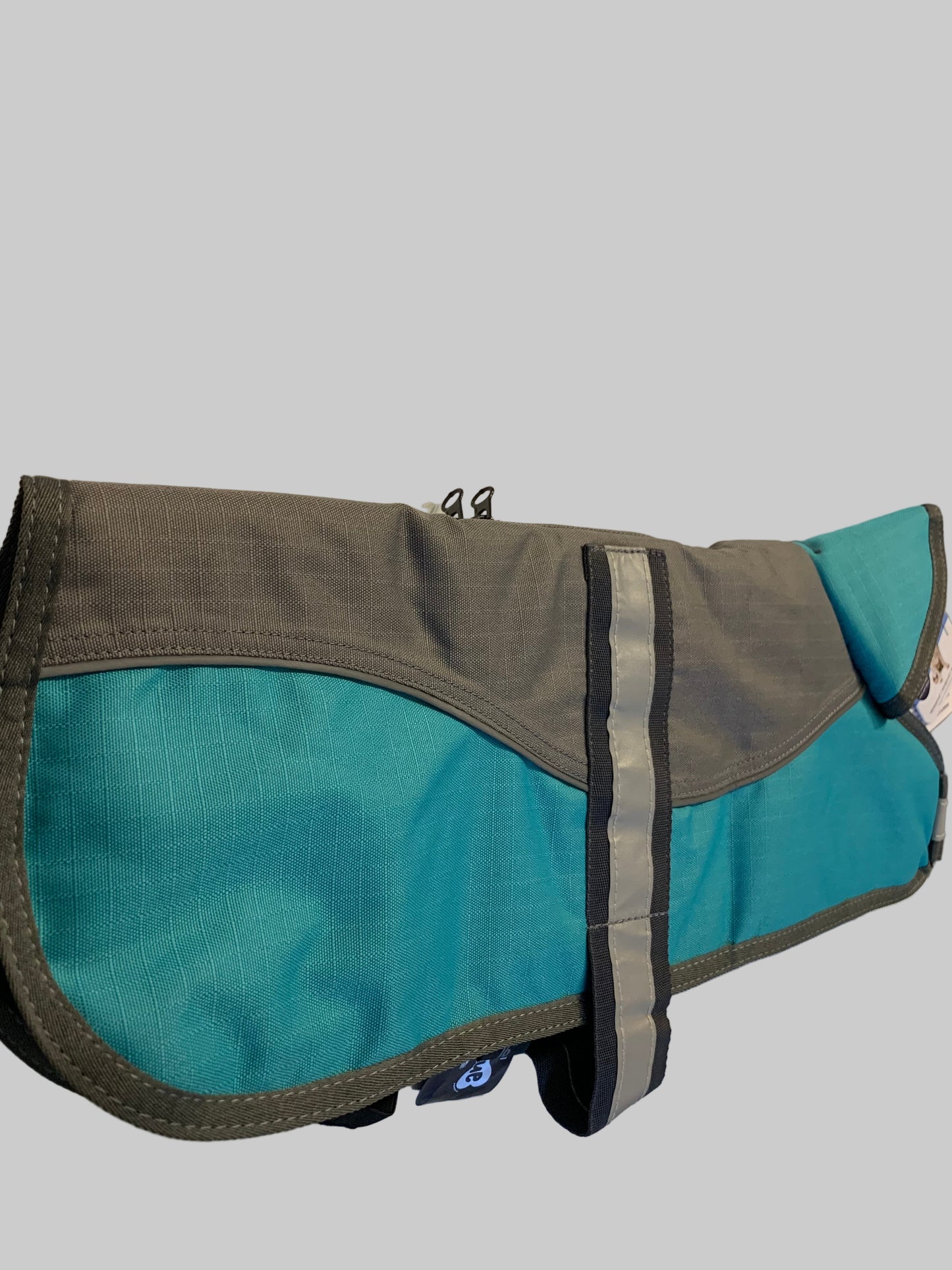 Animate Waterproof Grey/Teal Dog Coat 16", dog coats, dog coats uk, waterproof dog coats, dog coats with harness, dog coats with legs, left side, pets at home