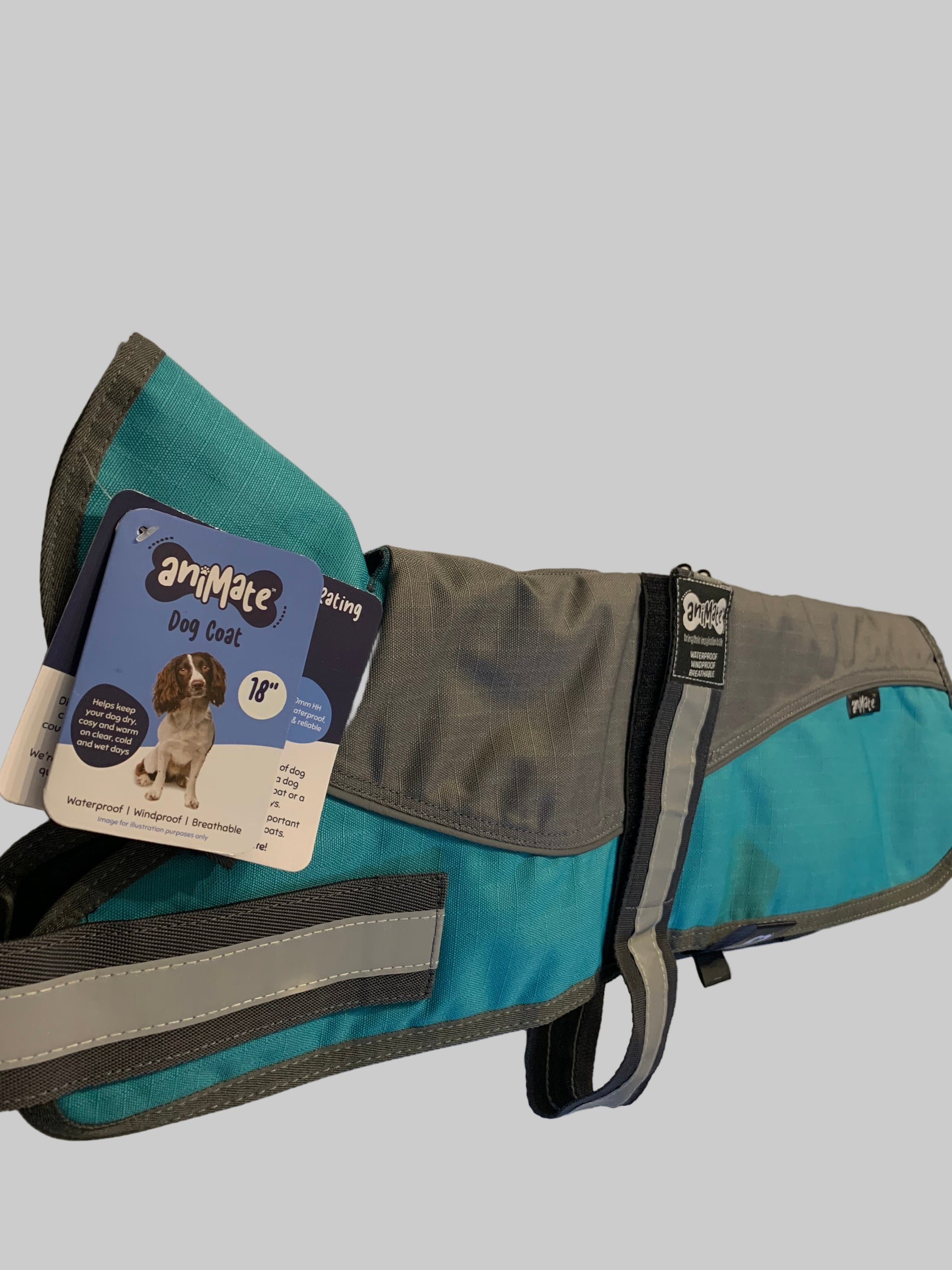 Animate Waterproof Grey/Teal Dog Coat 18", dog coats, dog coats uk, waterproof dog coats, dog coats with harness, dog coats with legs, right side, pets at home