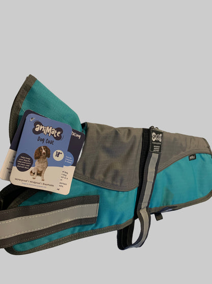 Animate Waterproof Grey/Teal Dog Coat 18", dog coats, dog coats uk, waterproof dog coats, dog coats with harness, dog coats with legs, right side, pets at home
