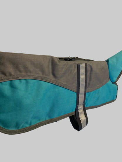 Animate Waterproof Grey/Teal Dog Coat 18", dog coats, dog coats uk, waterproof dog coats, dog coats with harness, dog coats with legs, left side, pets at home