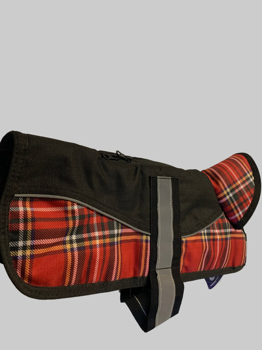 Animate Waterproof Black/Red Tartan Dog Coat 12", dog coats, dog coats uk, waterproof dog coats, dog coats with harness, dog coats with legs, left side, pets at home