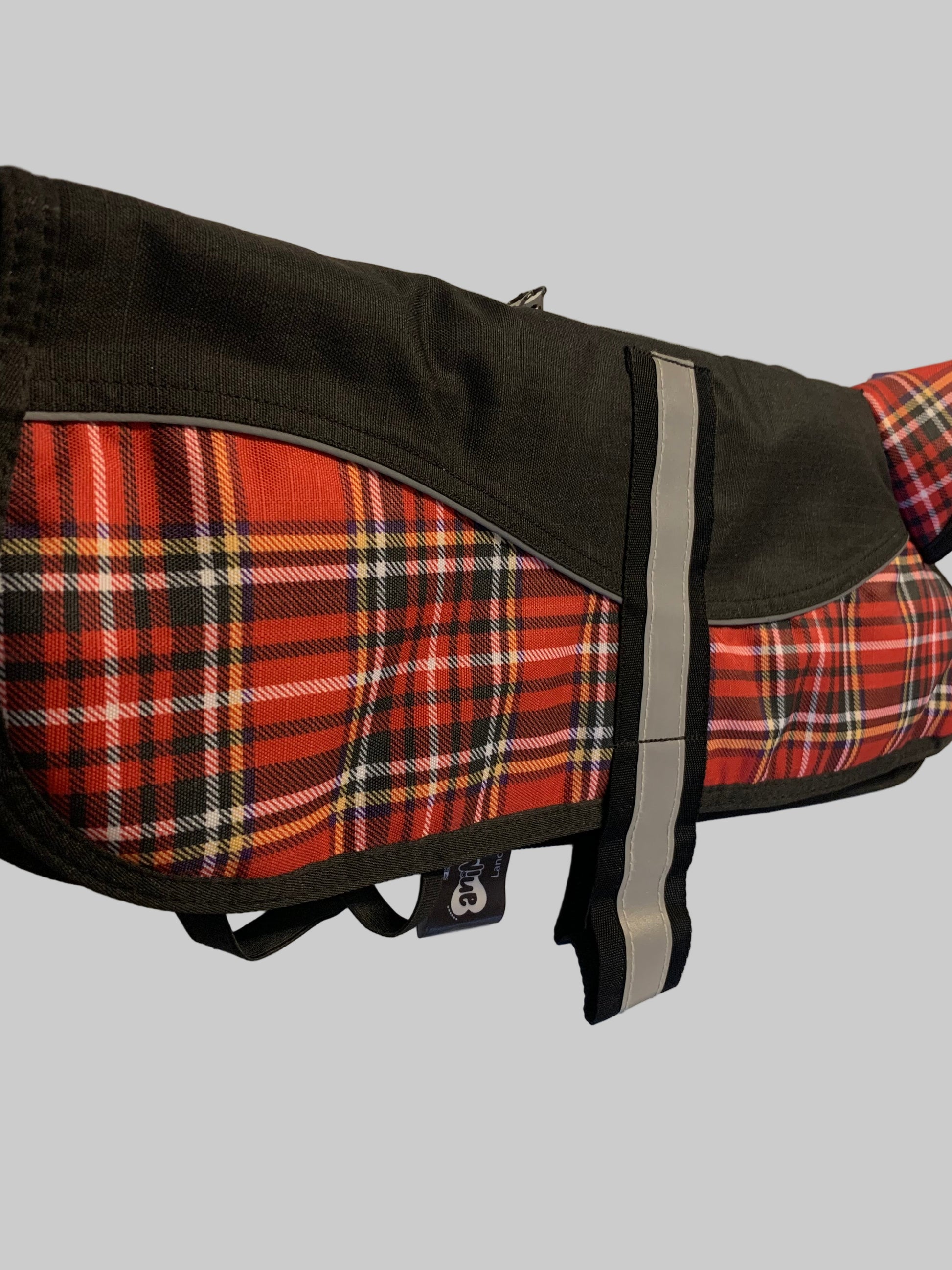 Animate Waterproof Black/Red Tartan Dog Coat 16", dog coats, dog coats uk, waterproof dog coats, dog coats with harness, dog coats with legs, left side, pets at home