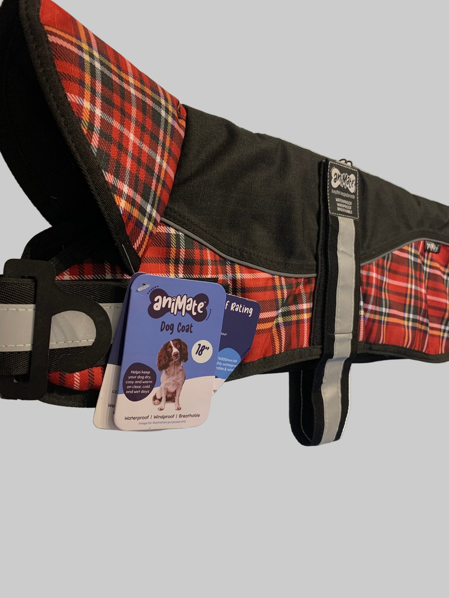 Animate Waterproof Black/Red Tartan Dog Coat 18", dog coats, dog coats uk, waterproof dog coats, dog coats with harness, dog coats with legs, right side, pets at home