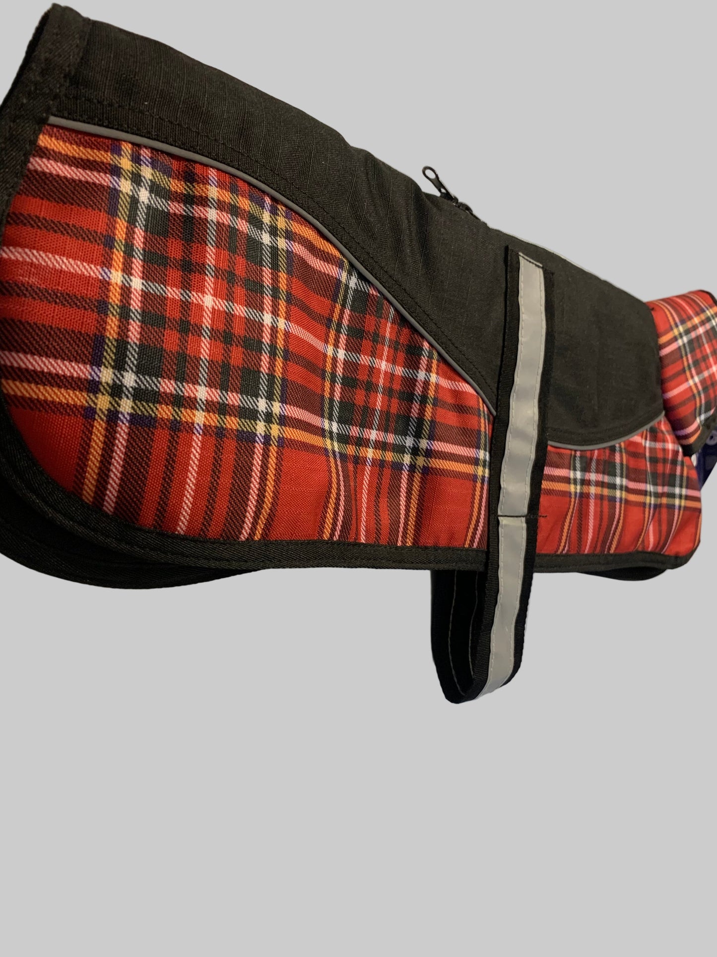 Animate Waterproof Black/Red Tartan Dog Coat 18", dog coats, dog coats uk, waterproof dog coats, dog coats with harness, dog coats with legs, left side, pets at home