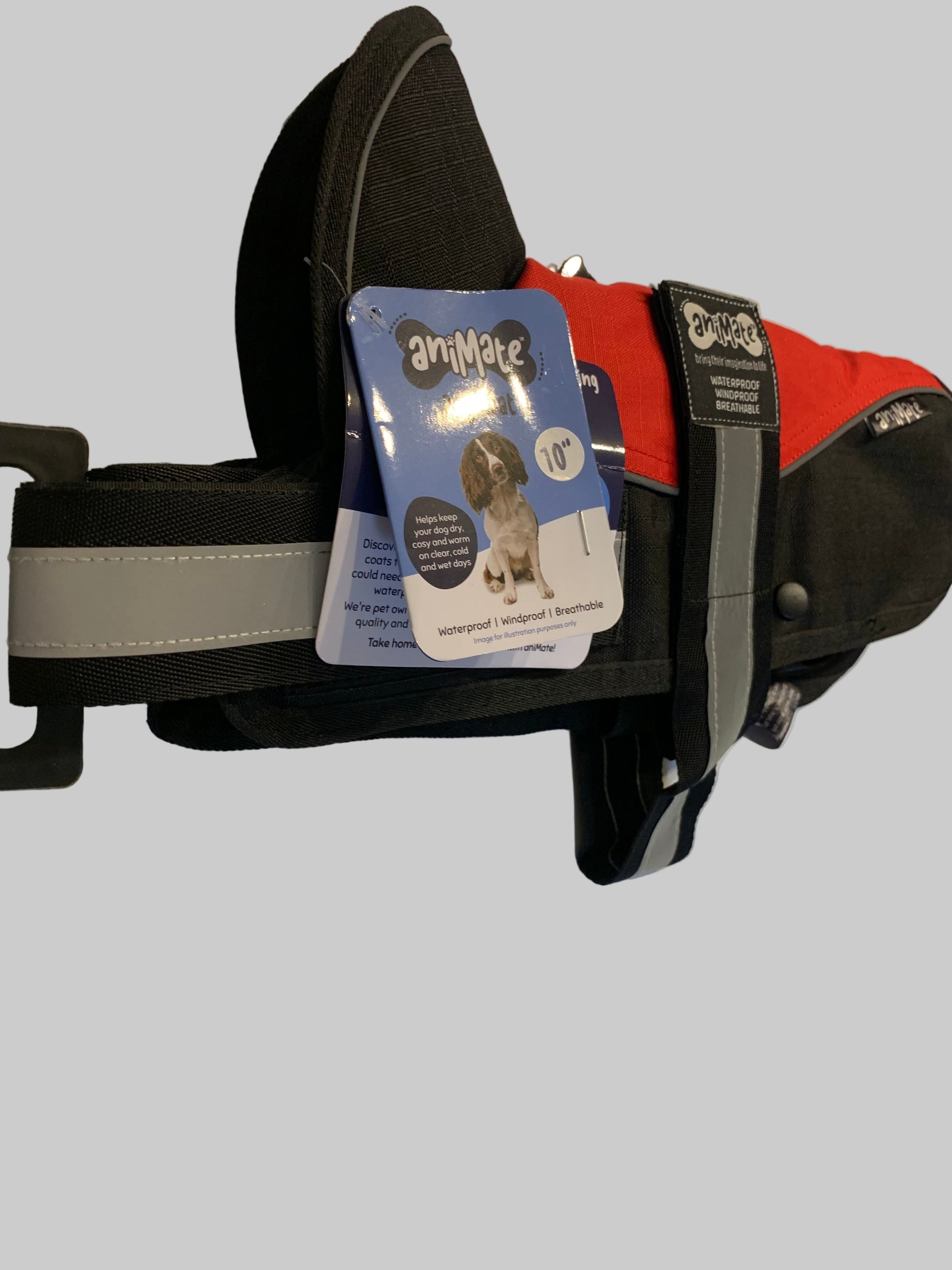 Animate Waterproof Red/Black Dog Coat 10", dog coats, dog coats uk, waterproof dog coats, dog coats with harness, dog coats with legs, right side, pets at home