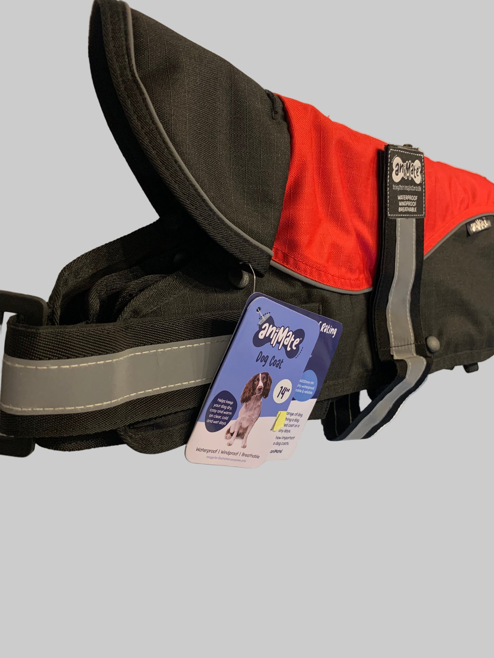 Animate Waterproof Red/Black Dog Coat 14", dog coats, dog coats uk, waterproof dog coats, dog coats with harness, dog coats with legs, right side, pets at home