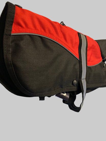 Animate Waterproof Red/Black Dog Coat 14", dog coats, dog coats uk, waterproof dog coats, dog coats with harness, dog coats with legs, left side, pets at home