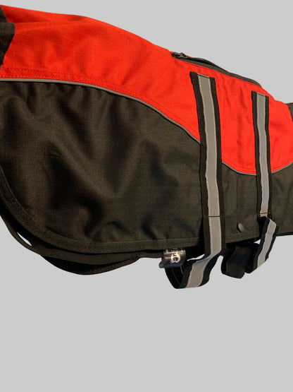Animate Waterproof Red/Black Dog Coat 22", dog coats, dog coats uk, waterproof dog coats, dog coats with harness, dog coats with legs, left side, pets at home
