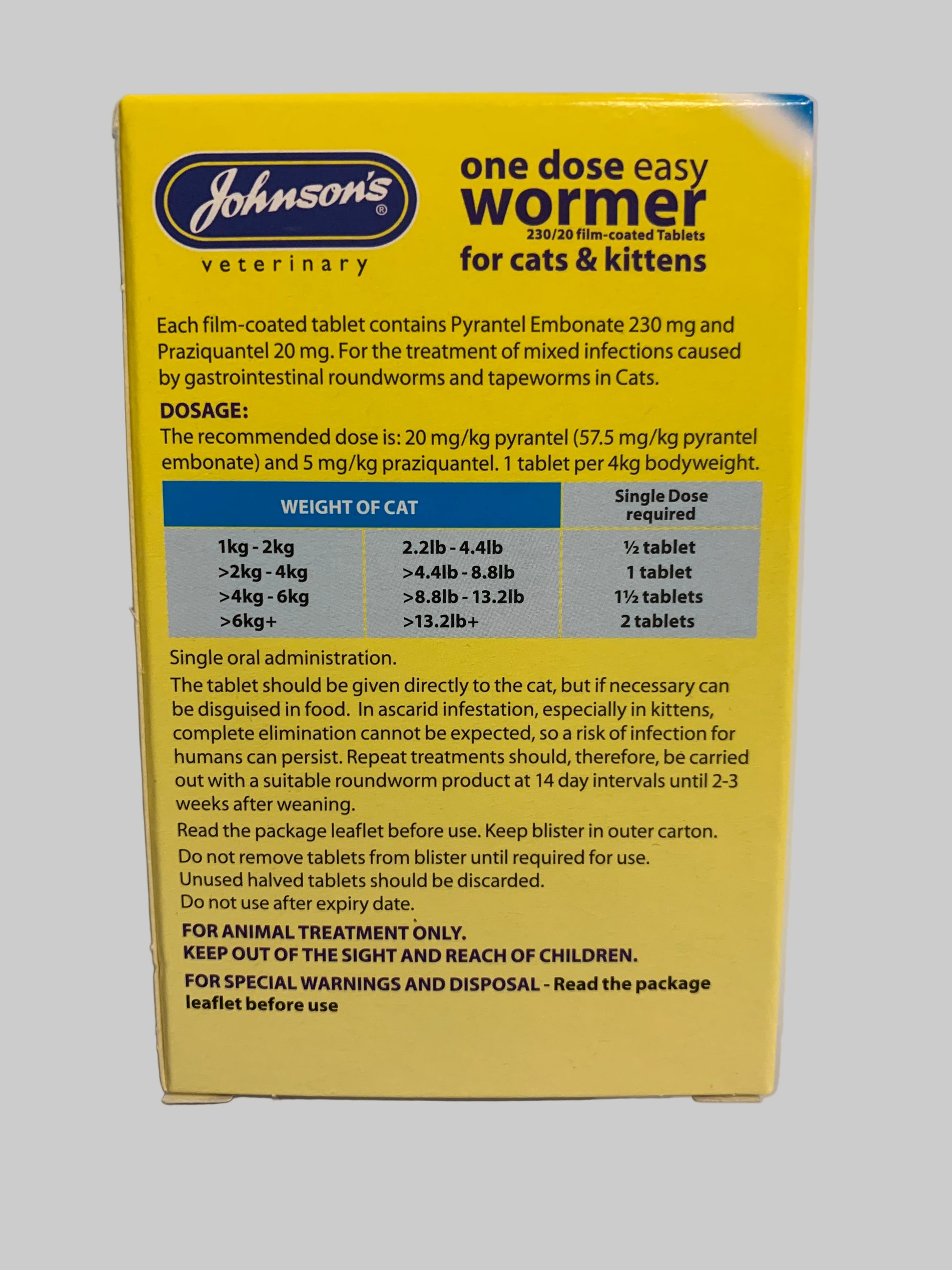 Johnson's One Dose Easy Wormer 2pk, cat worming treatment, worming treatment for cats, back side, pets at home