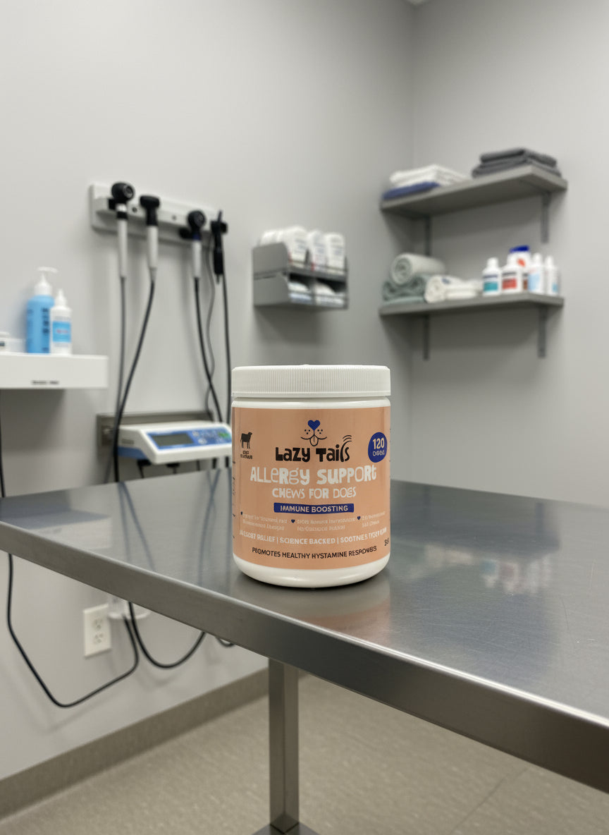 Lazy Tails Allergy Support Chews For Dogs 120pk, dog supplements, dog supplements uk, dog supplements for joints, dog supplements powder, front side, pets at home