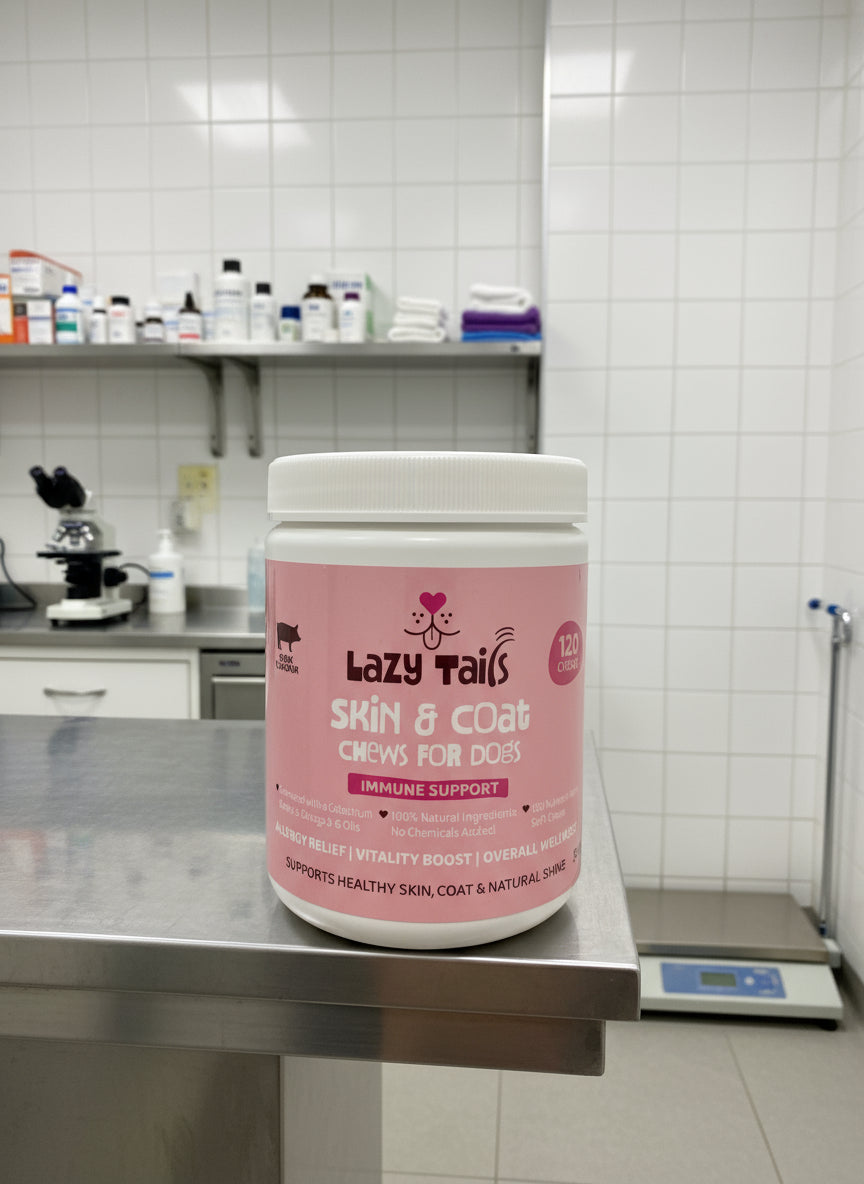 Lazy Tails Skin & Coat Chews For Dogs 120pk, dog supplements, dog supplements uk, dog supplements for joints, dog supplements powder, front side, pets at home