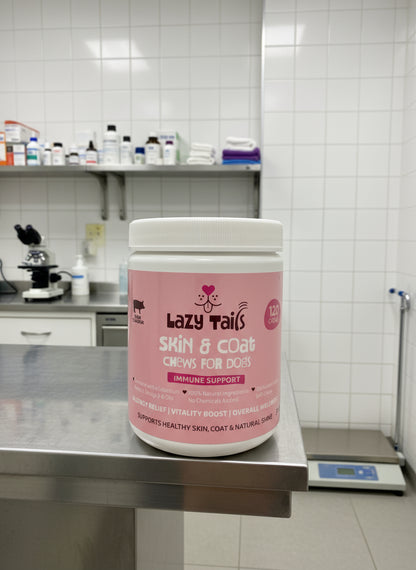 Lazy Tails Skin & Coat Chews For Dogs 120pk, dog supplements, dog supplements uk, dog supplements for joints, dog supplements powder, front side, pets at home