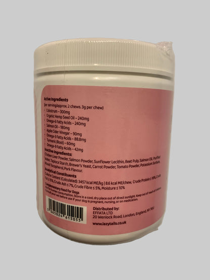 Lazy Tails Skin & Coat Chews For Dogs 120pk, dog supplements, dog supplements uk, dog supplements for joints, dog supplements powder, back side, pets at home