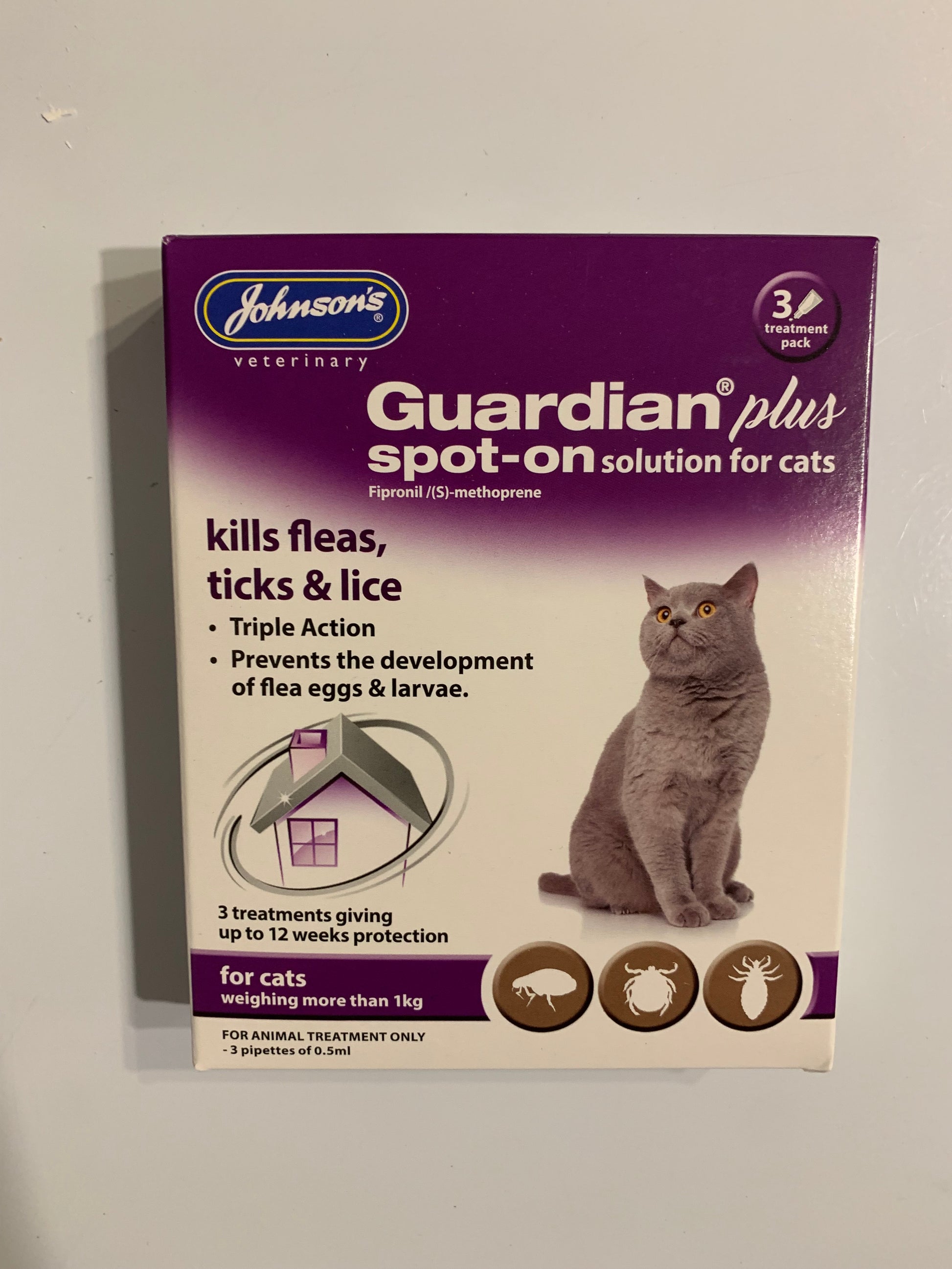 Johnson's Guardian Plus Spot-On Solution For Cats 3pk, cat flea treatment, flea treatment for cats, front side, pets at home