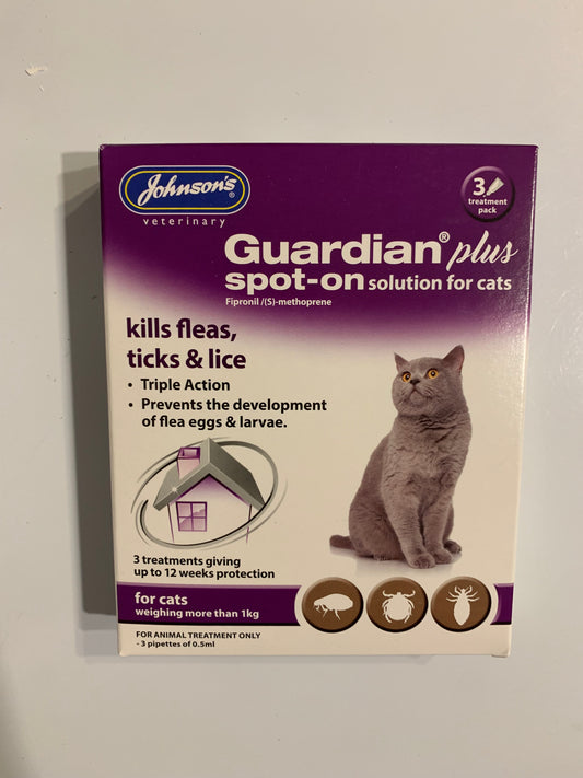 Johnson's Guardian Plus Spot-On Solution For Cats 3pk, cat flea treatment, flea treatment for cats, front side, pets at home