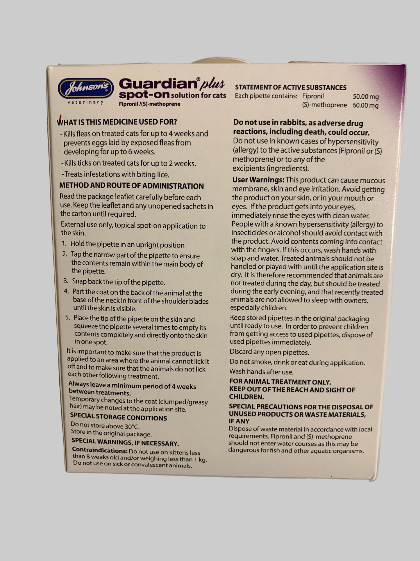 Johnson's Guardian Plus Spot-On Solution For Cats 3pk, cat flea treatment, flea treatment for cats, back side, pets at home